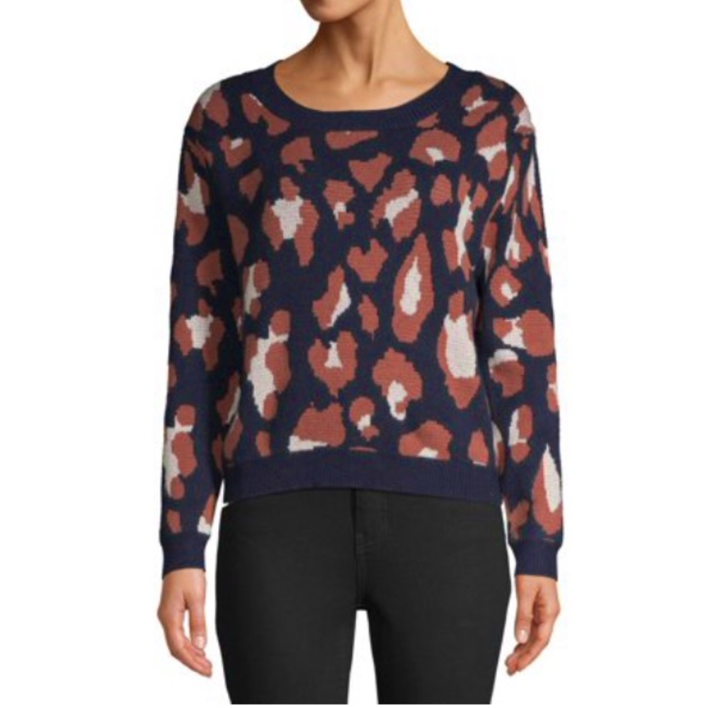 DREAMERS Leopard/Camo Navy Brown White Long Sleeve Sweater Large